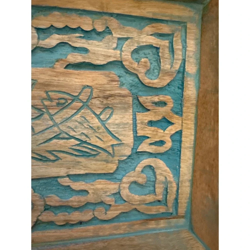 Hand Carved Wooden Nesting Tray Set Distressed Teal Blue‎ Rustic Decorative 2pc